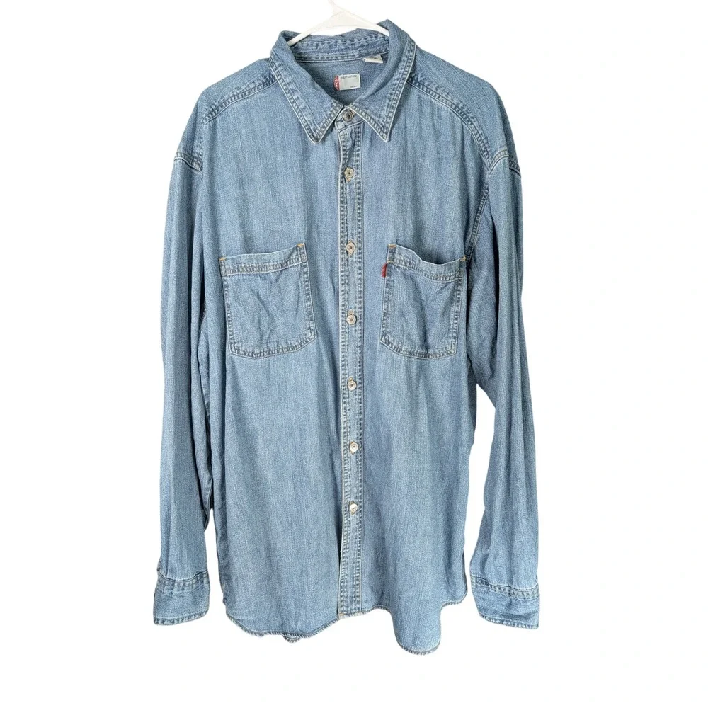 Levis Denim Shirt Mens L Blue Button Up Metal Buttons Workwear Cotton